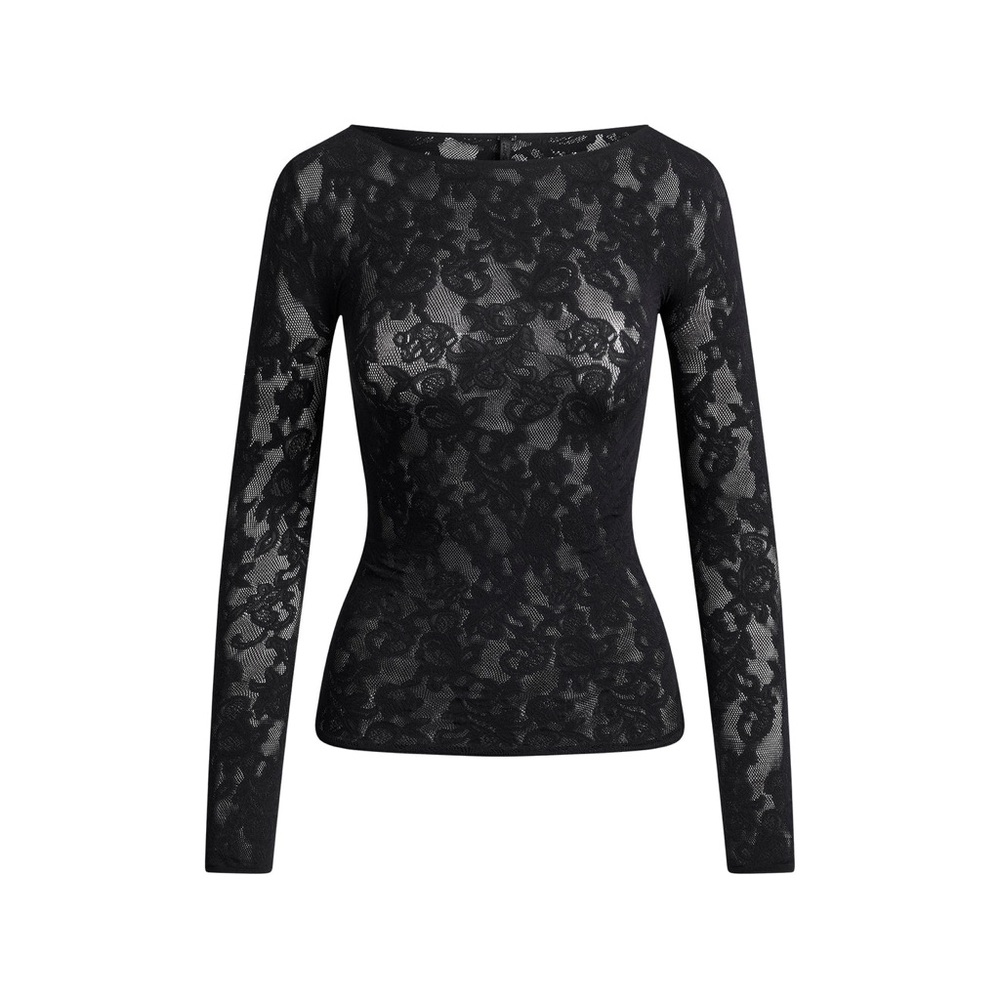 SKIMS KNIT LACE Boat neck LS top NWT Black Obsidian S/M (SK0235) - Picture 2 of 7